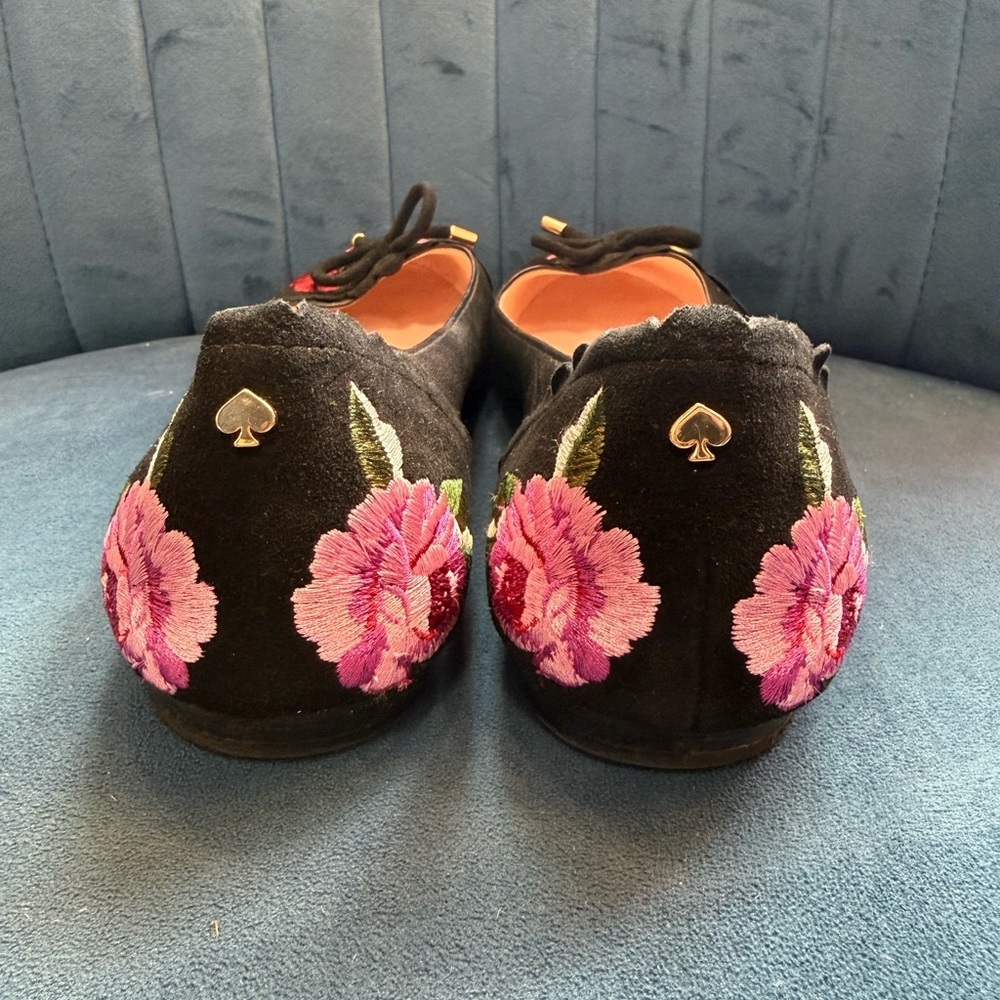 Kate Spade Embroidered Ballet Flats Black Floral Size 8 - Picture 3 of 4